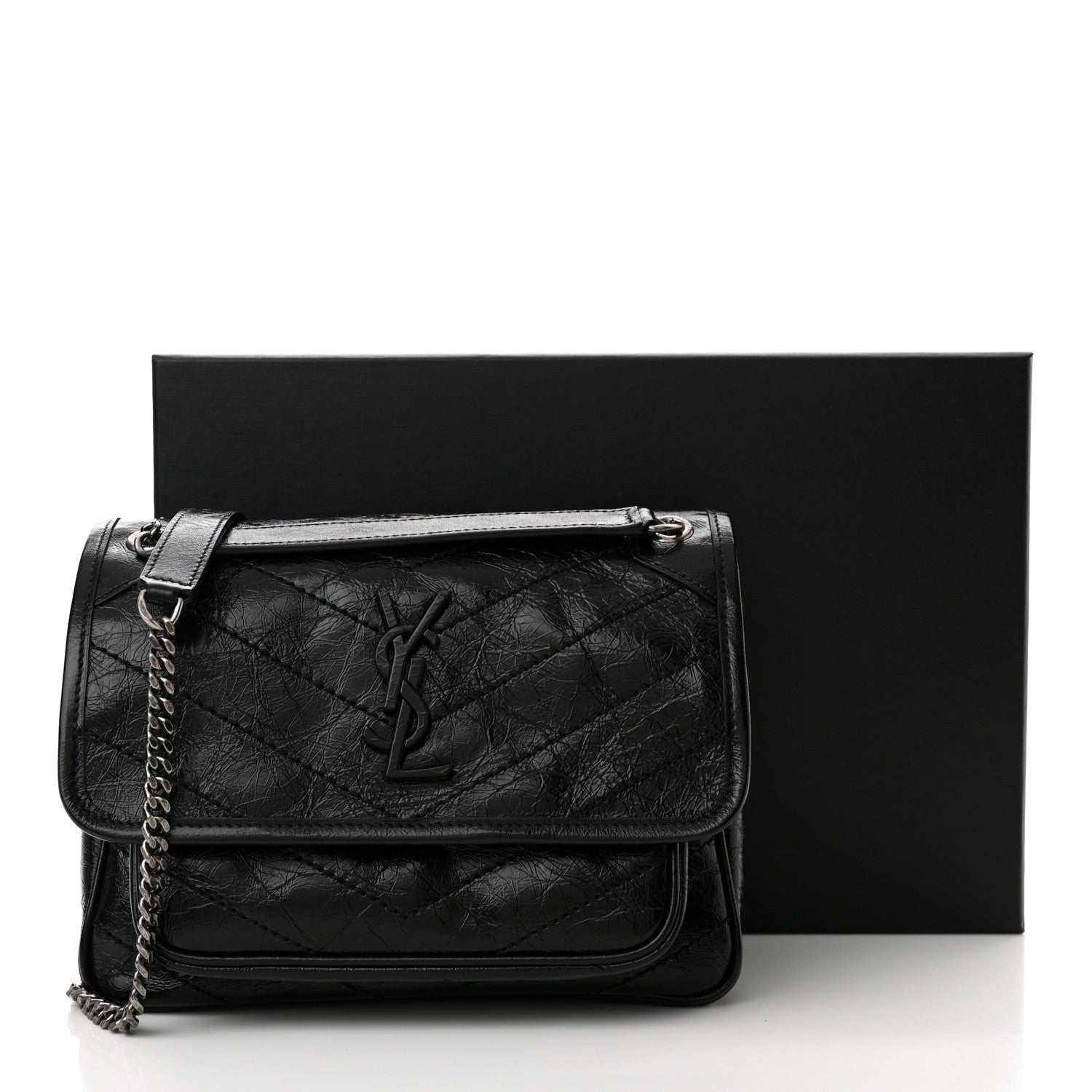 Saint Laurent Crinkled Lambskin Matelasse Monogram Baby Niki Chain Satchel Black 12 of 12