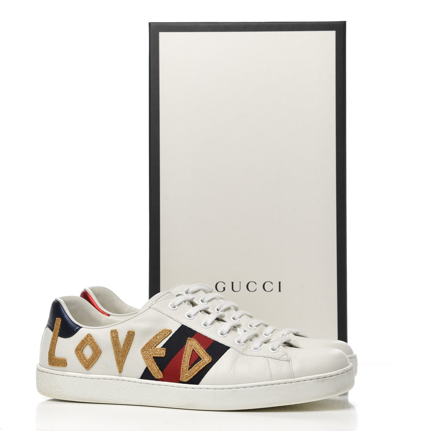 Calfskin Nappa Web LOVED Embroidered Mens Ace Sneakers 10 White Red Flame Notte
