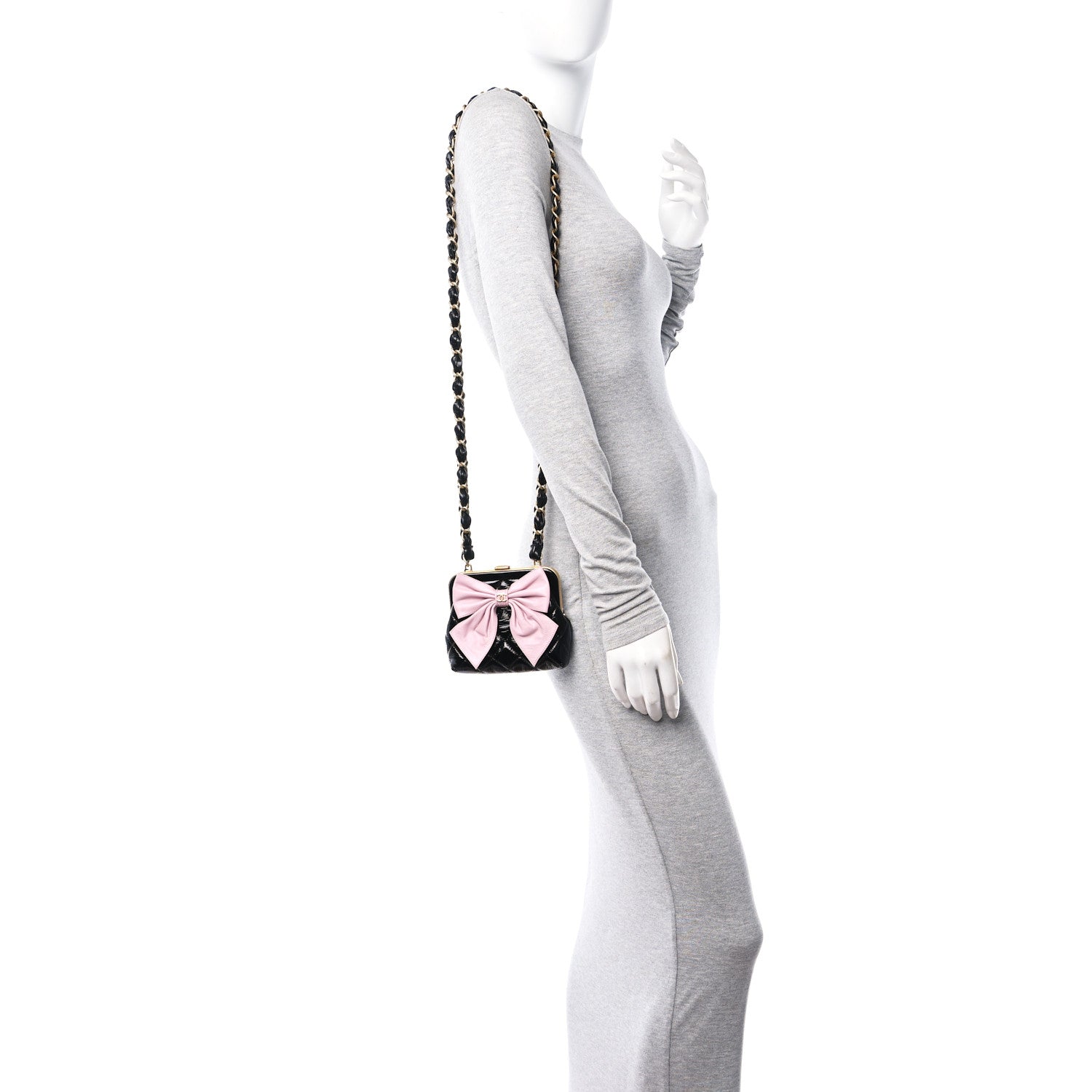Chanel Patent Crumpled Lambskin Quilted Clutch With Chain Black Pink 2 of 10