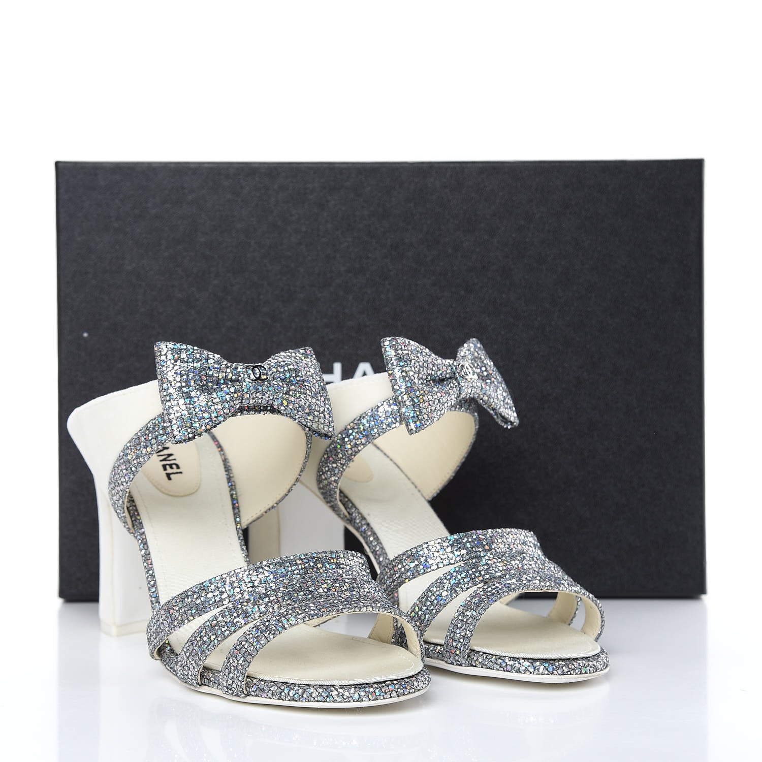 Chanel Metallic Fabric Velvet Bow Mules 39 Silver Ivory 10 of 11