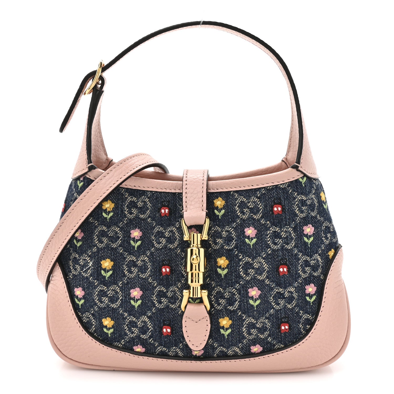 Gucci New Denim GG Monogram Calfskin Love Parade Mini Jackie 1961 Hobo Light Pink 1 of 10