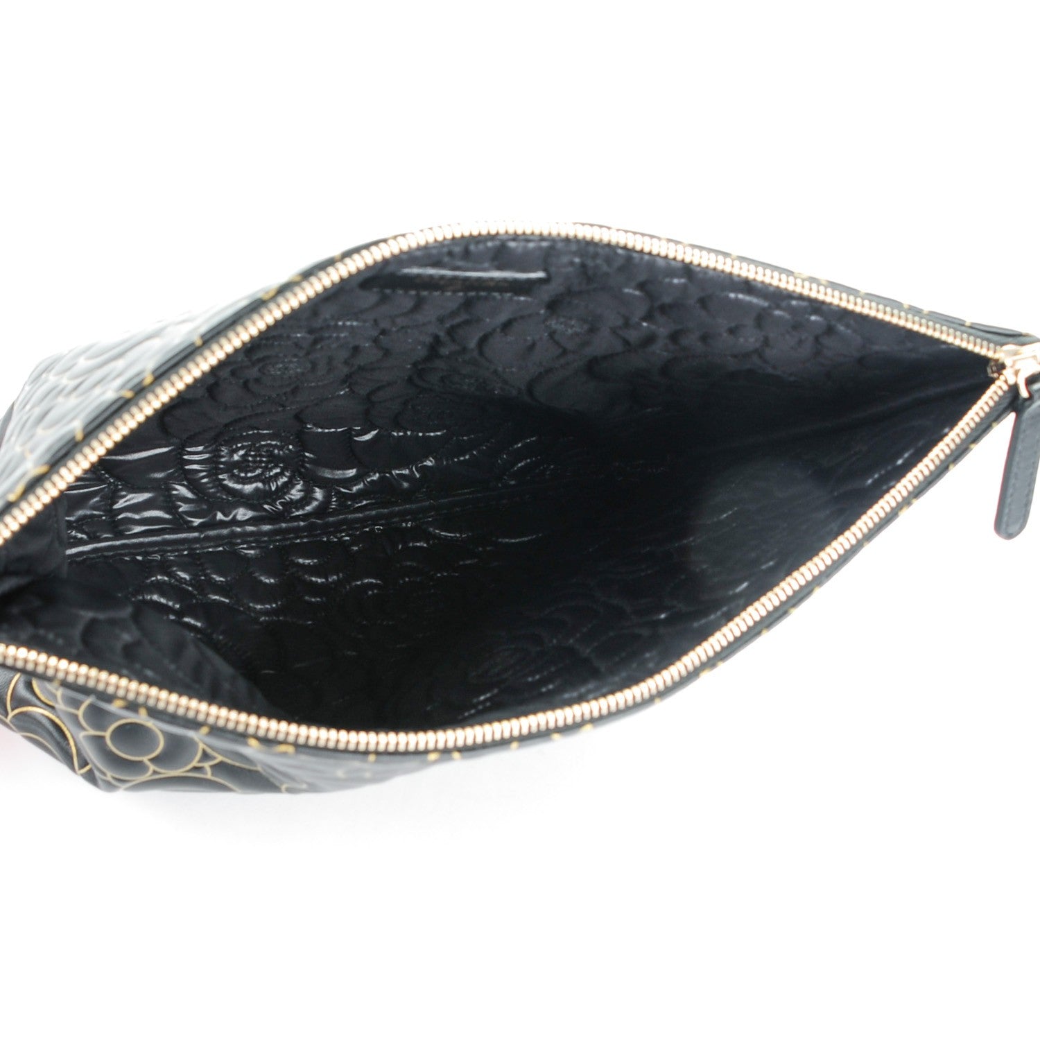 Chanel Lambskin Camellia Embossed Medium Cosmetic Case Black Gold 5 of 7