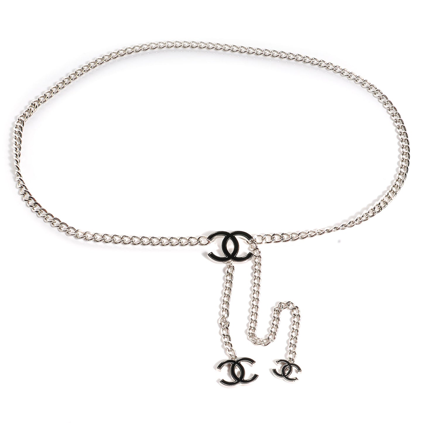 Enamel CC Chain Logo Belt Silver Black