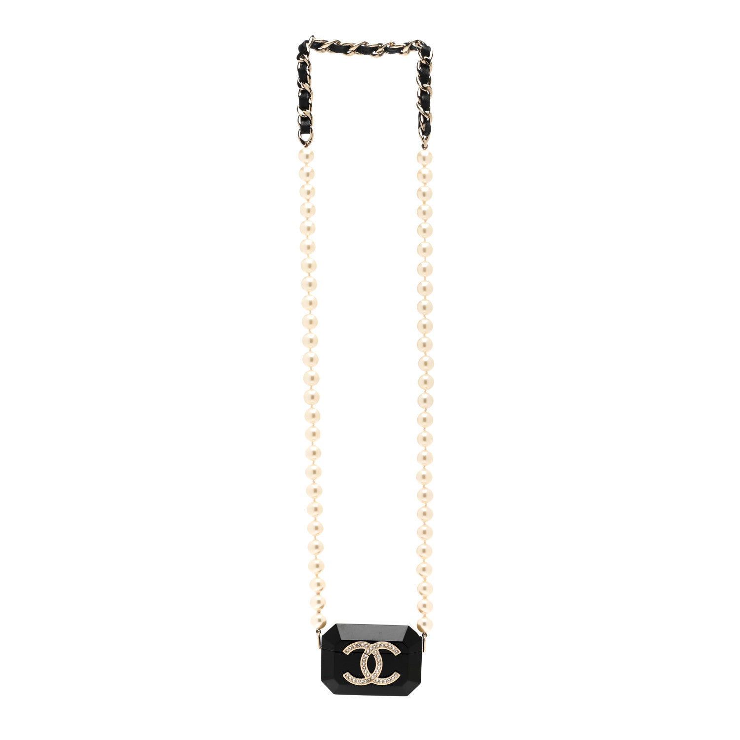 Chanel Resin Crystal Pearl Airpods Holder Necklace Black Pearly White 3 of 5