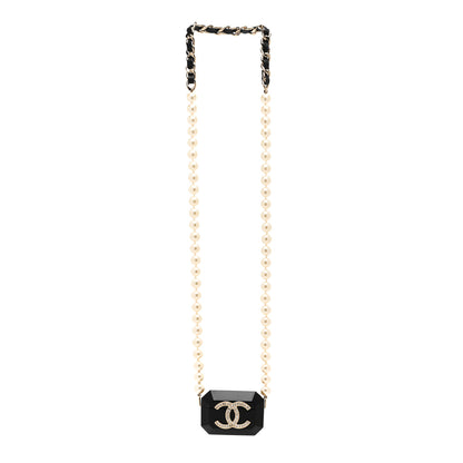 Chanel Resin Crystal Pearl Airpods Holder Necklace Black Pearly White 3 of 5
