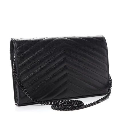 Saint Laurent Grain De Poudre Matelasse Chevron Monogram Chain Wallet Black 3 of 11