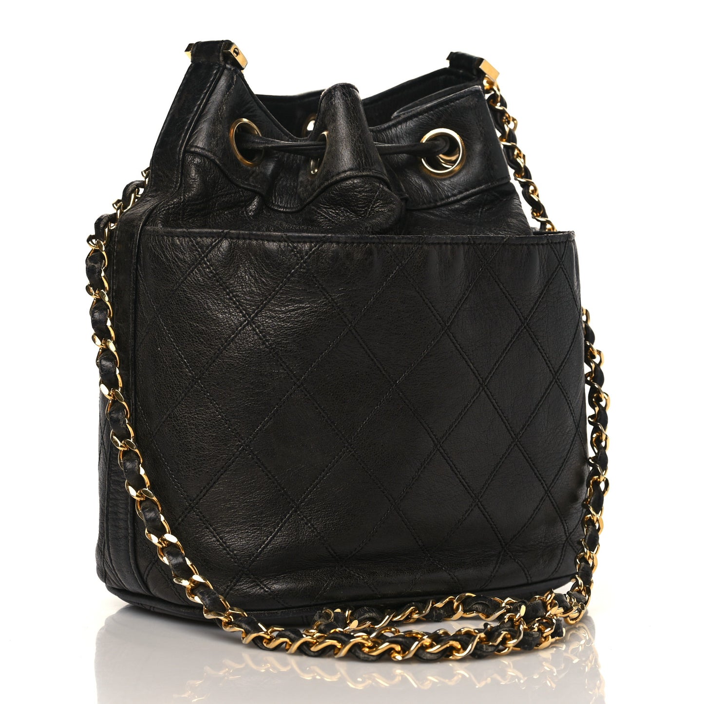 Lambskin Diamond Stitched CC Drawstring Shoulder Bag Black