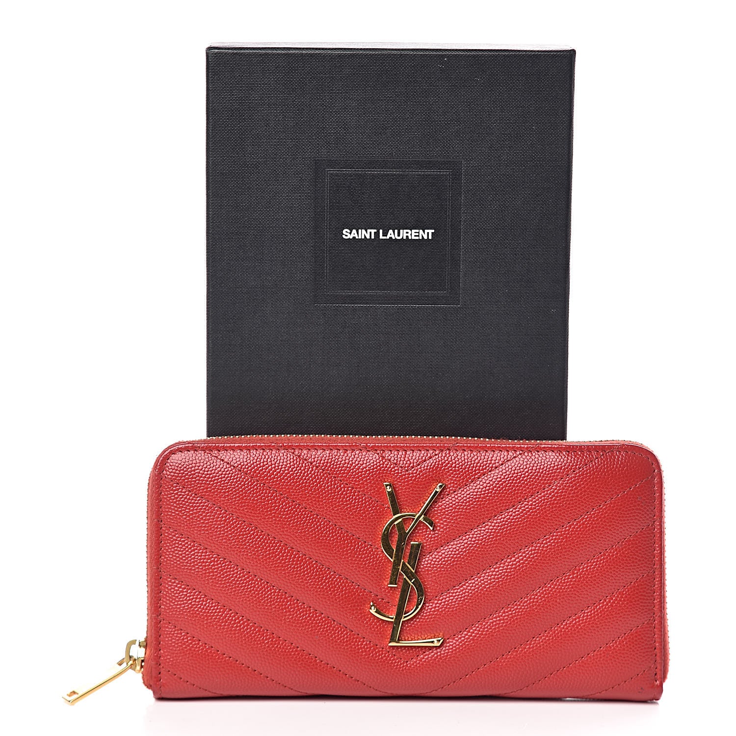 Saint Laurent Grain De Poudre Matelasse Chevron Monogram Zip Around Wallet Bandana Red 7 of 7
