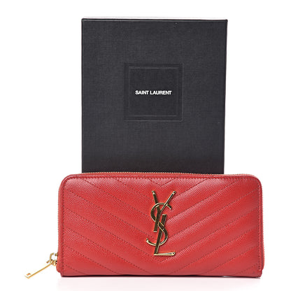 Saint Laurent Grain De Poudre Matelasse Chevron Monogram Zip Around Wallet Bandana Red 7 of 7