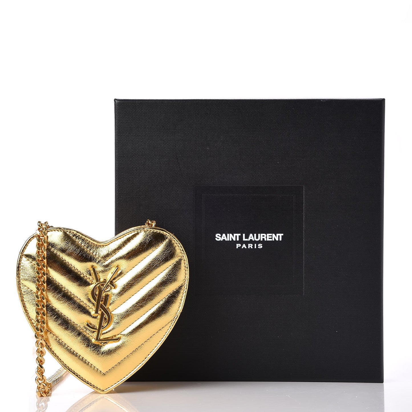 Metallic Calfskin Matelasse Chevron Monogram Small Love Heart Chain Bag Gold