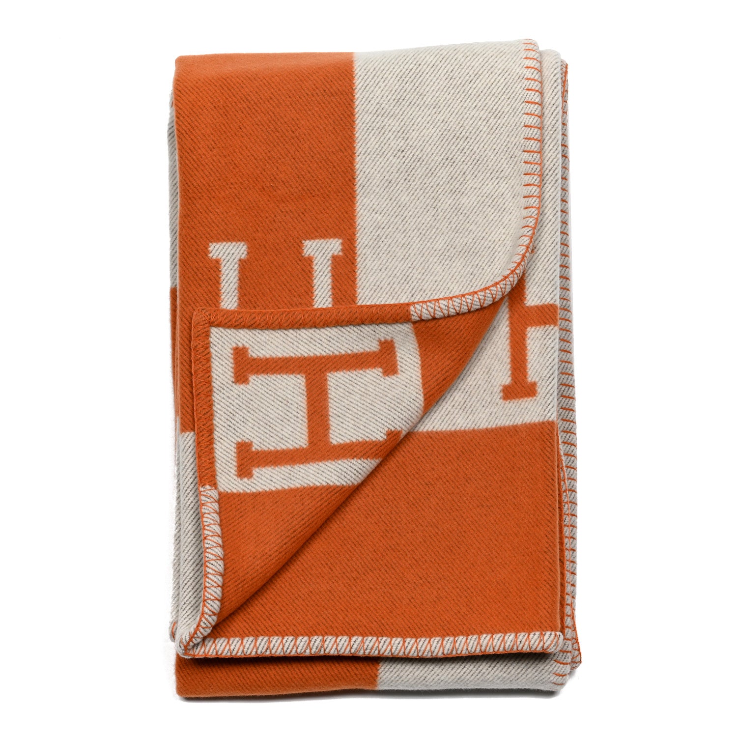 Hermes Wool Cashmere Signature Classic Avalon Blanket Ecru Potiron 2 of 3