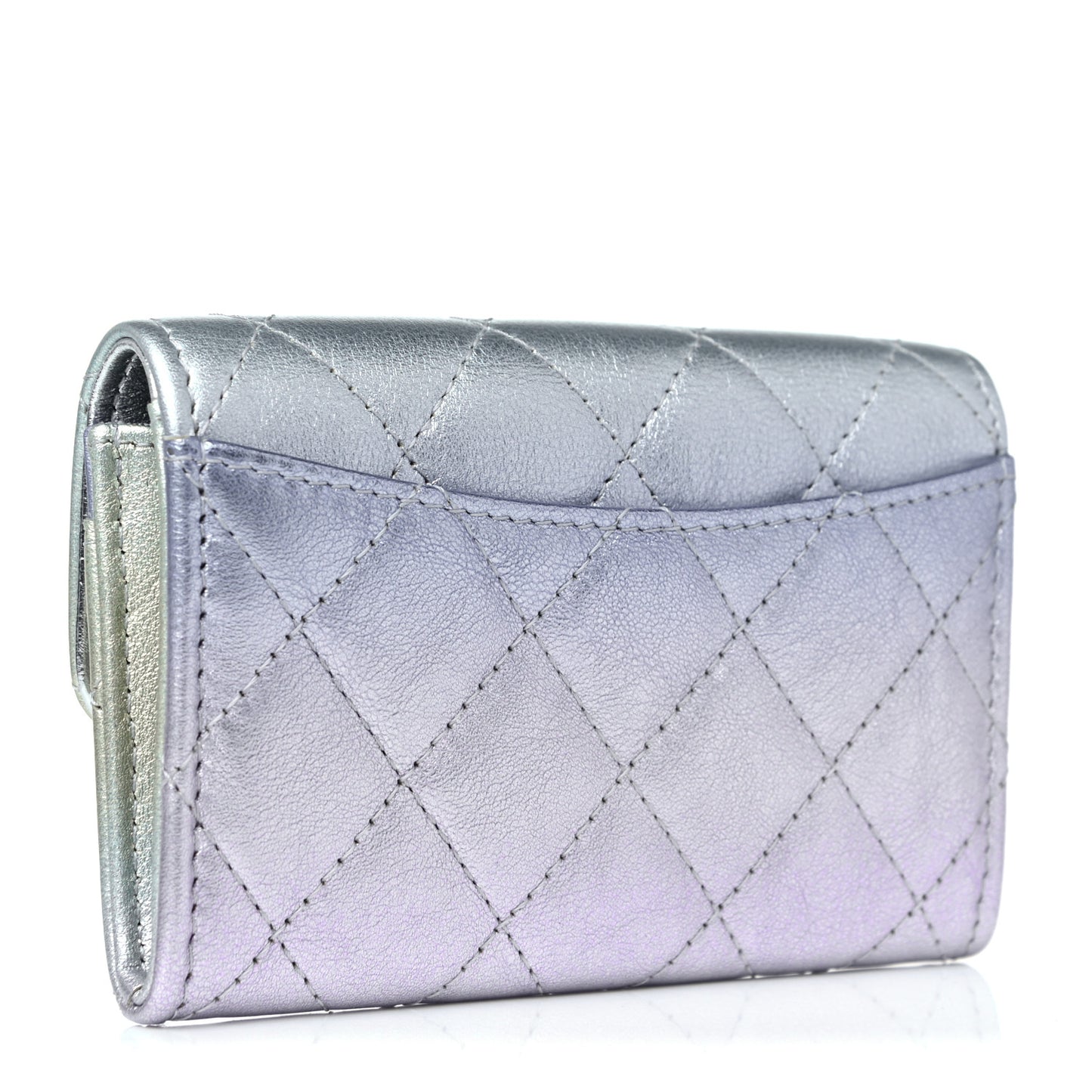 Gradient Metallic Calfskin Quilted Flap Card Holder Wallet Silver Blue Yellow Purple