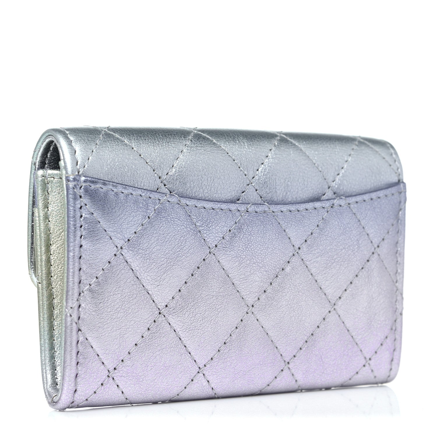 Chanel Gradient Metallic Calfskin Quilted Flap Card Holder Wallet Silver Blue Yellow Purple 3 of 9