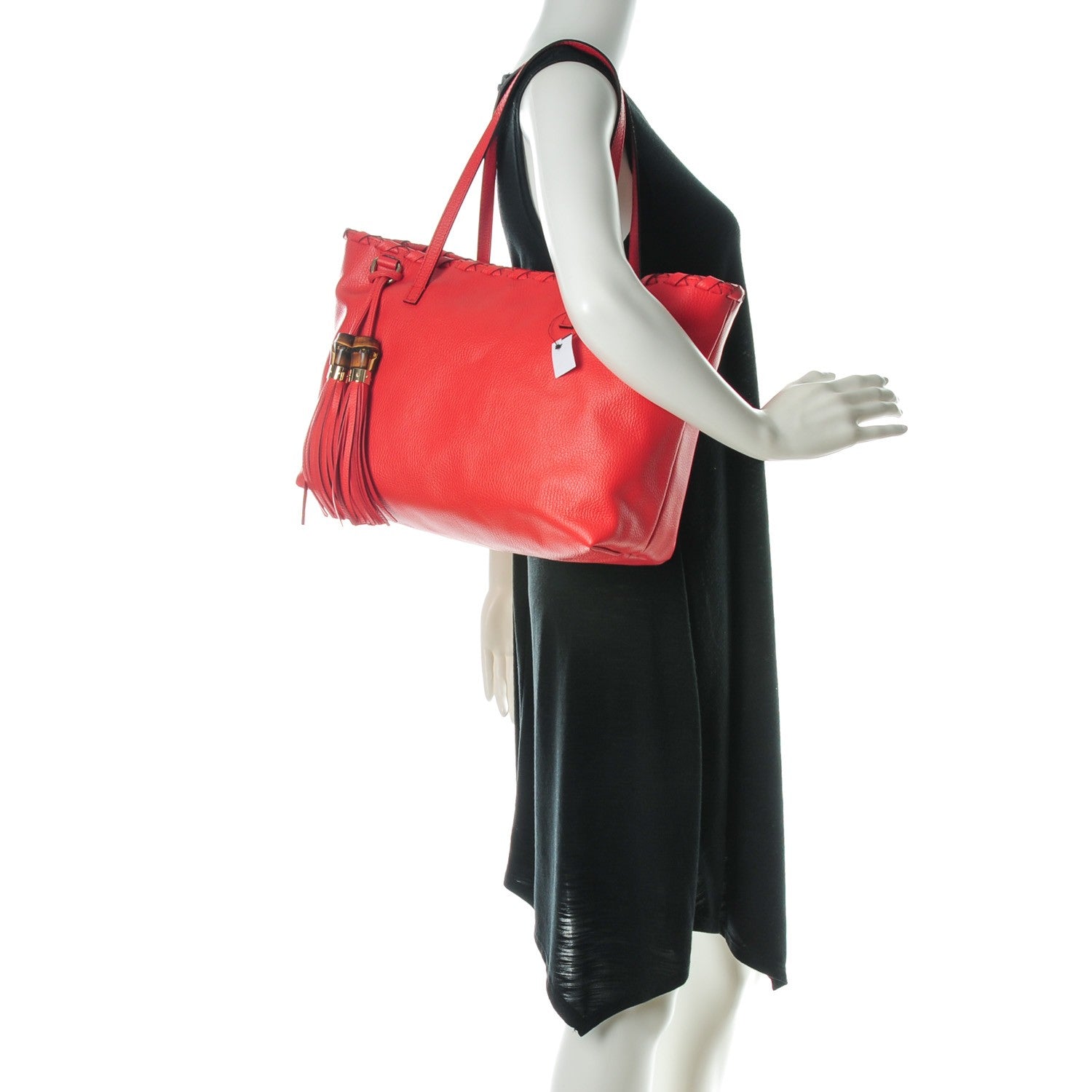 Gucci Pebbled Calfskin Bamboo Tassel Tote Red 2 of 7