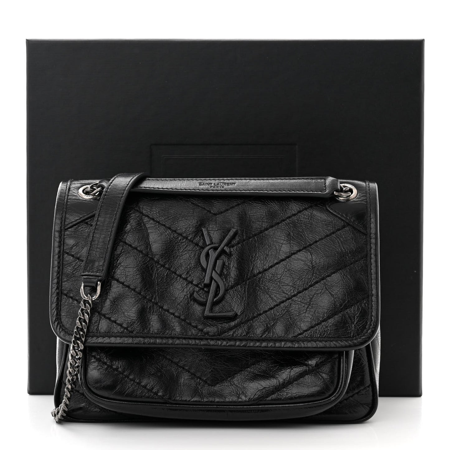 Crinkled Calfskin Matelasse Monogram Baby Niki Chain Satchel Black