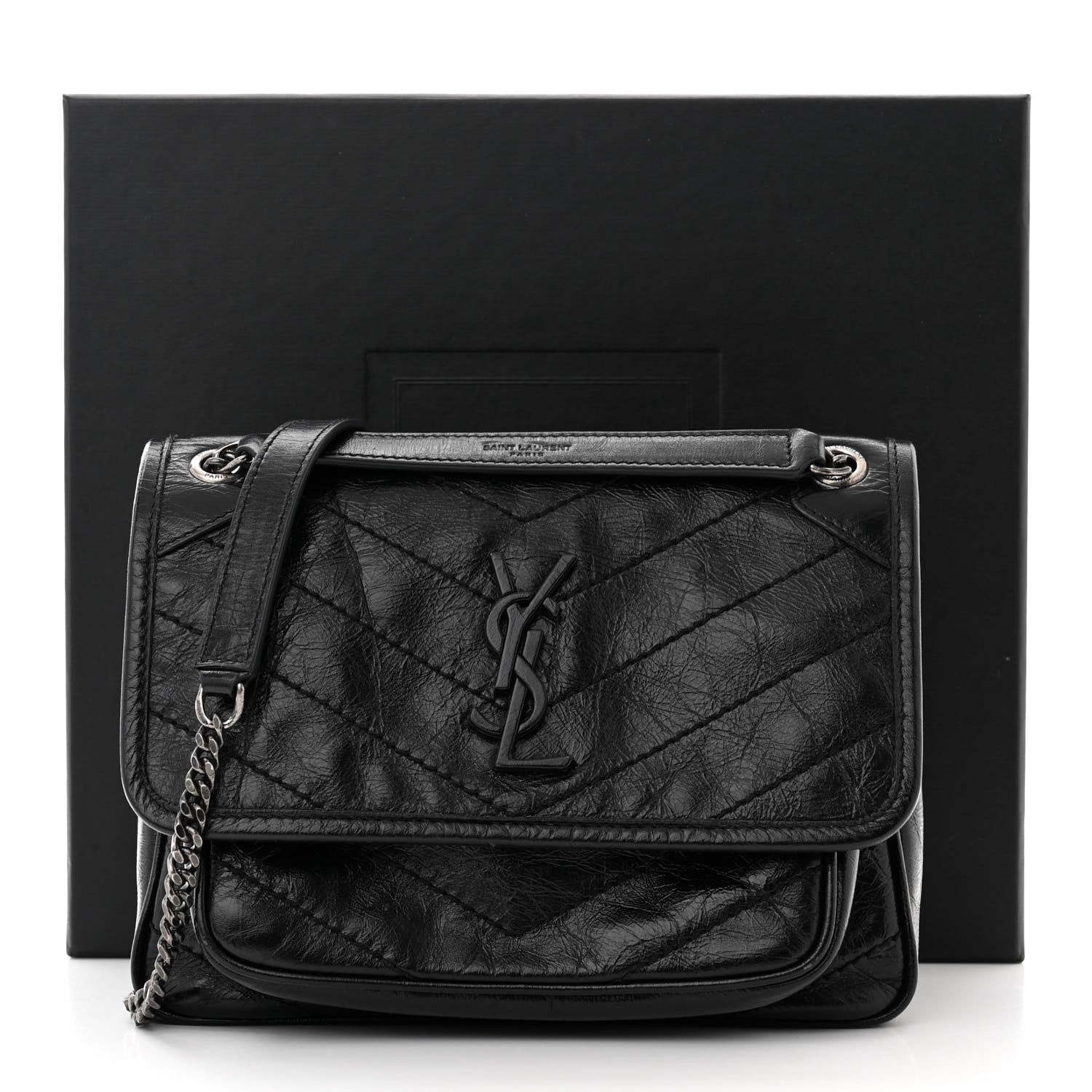 Saint Laurent Crinkled Calfskin Matelasse Monogram Baby Niki Chain Satchel Black 2 of 11