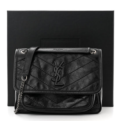 Saint Laurent Crinkled Calfskin Matelasse Monogram Baby Niki Chain Satchel Black 2 of 11