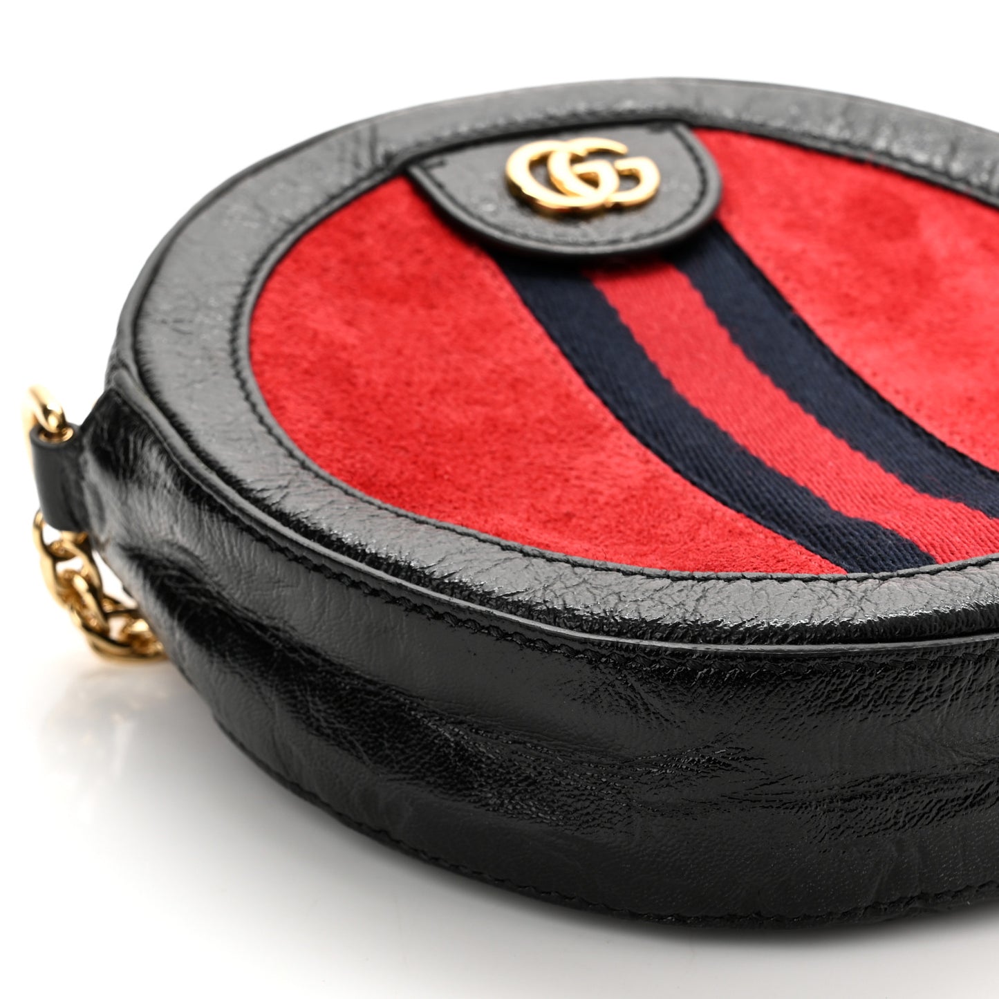 Suede Patent Web Mini Ophidia Round Shoulder Bag Hibiscus Red Black