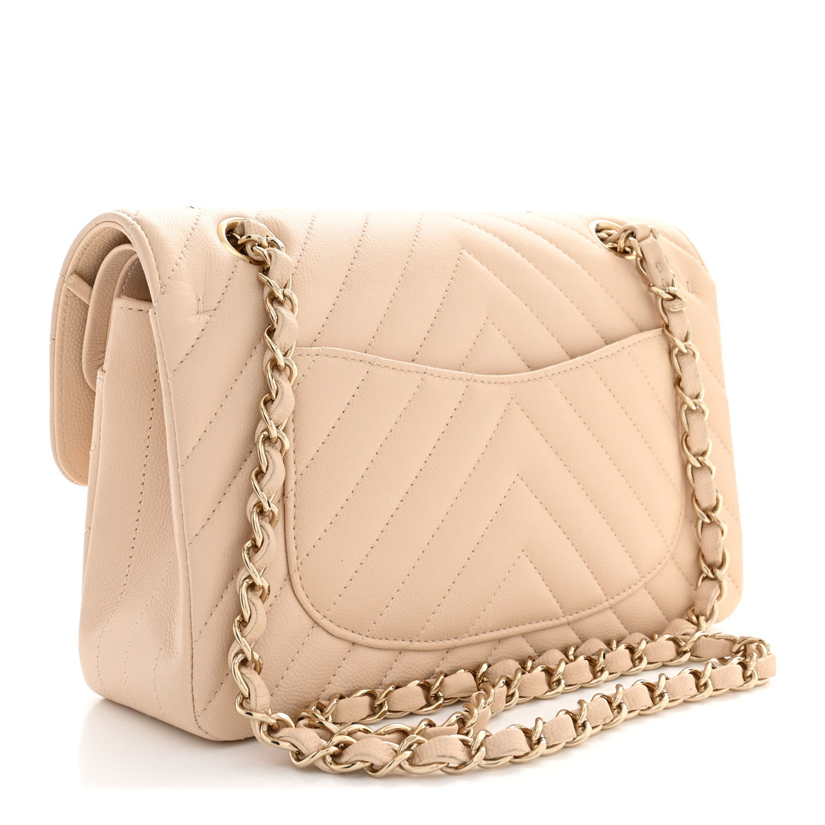Caviar Chevron Quilted Small Double Flap Beige