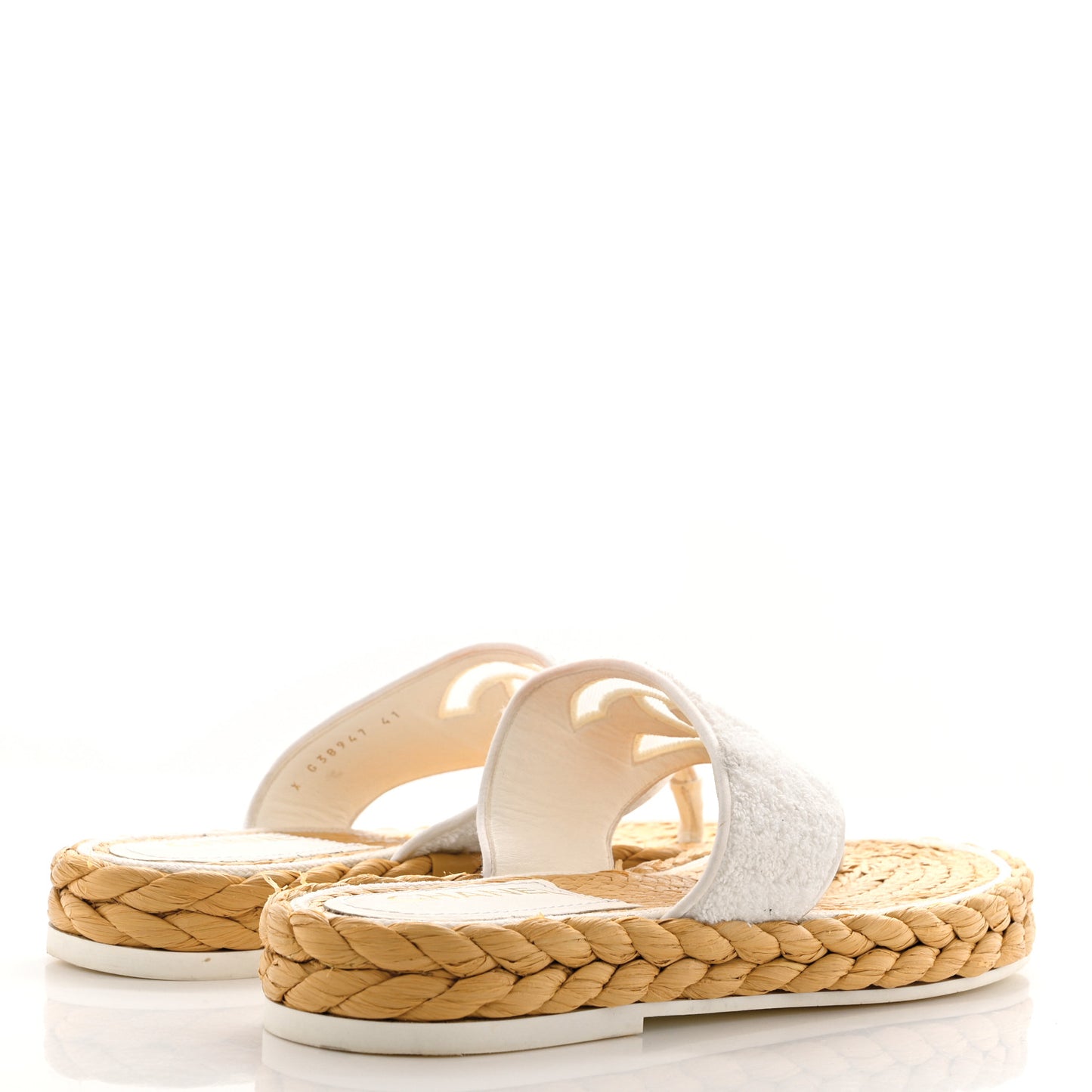 Terry Cloth Raffia CC Logo Thong Sandals 41 White