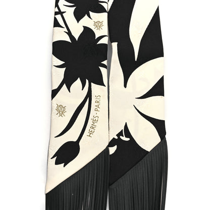 Hermes Silk Calfskin Bouquet Final Fringed Twilly Creme Black 2 of 4