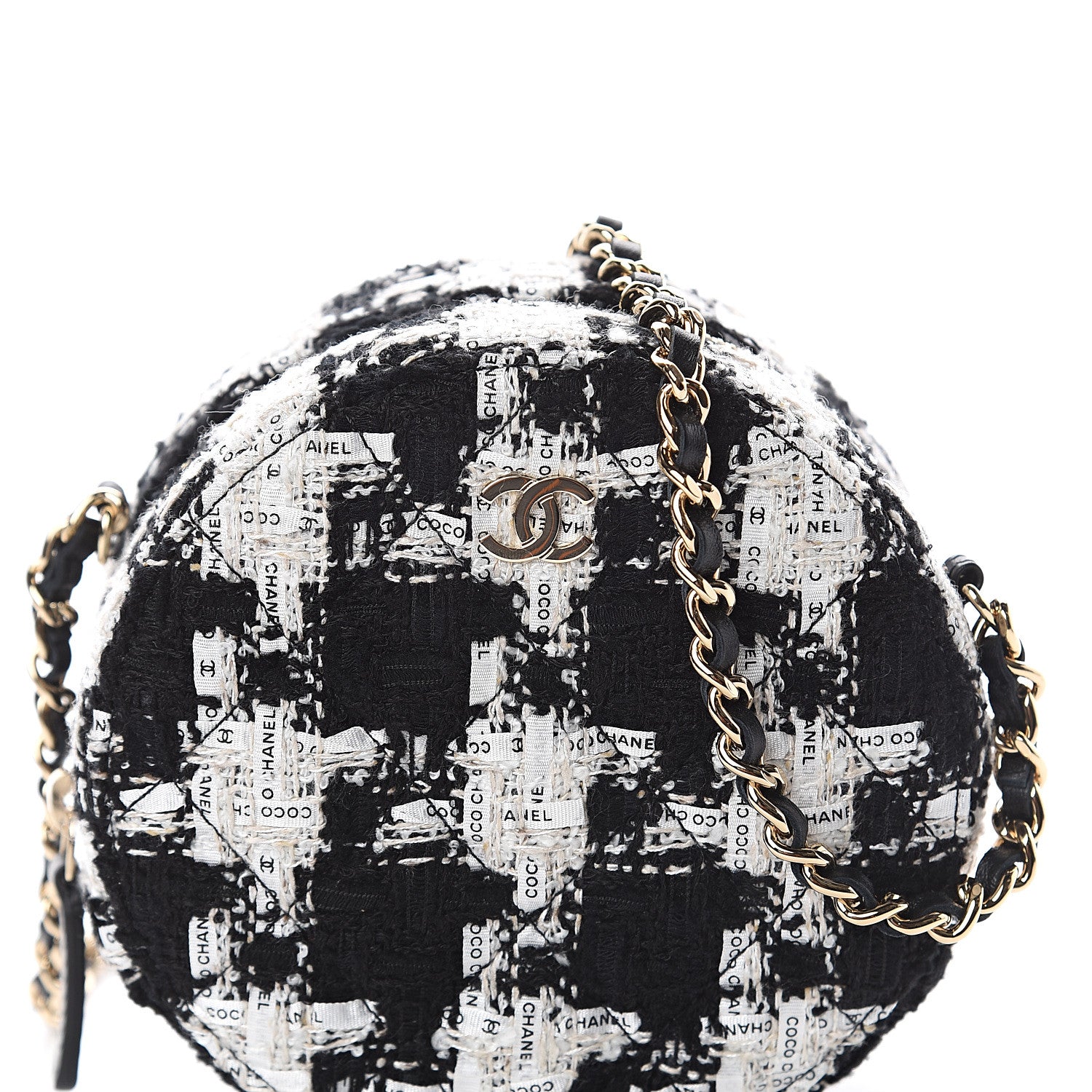 Chanel Tweed Quilted Round Clutch With Chain Black Ecru White 7 of 9