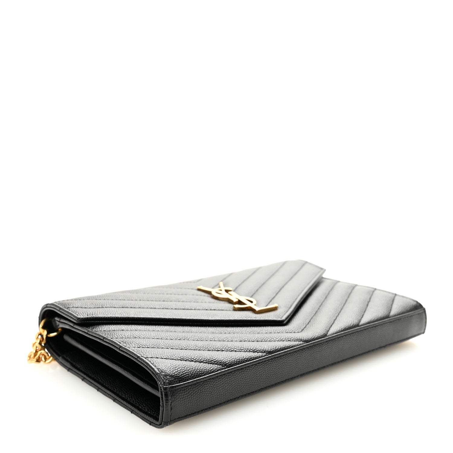 Saint Laurent Grain De Poudre Matelasse Chevron Monogram Chain Wallet Black 4 of 10