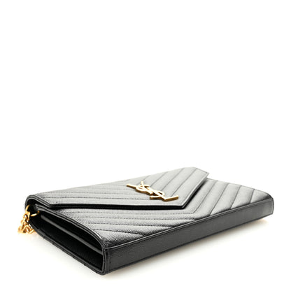 Saint Laurent Grain De Poudre Matelasse Chevron Monogram Chain Wallet Black 4 of 10
