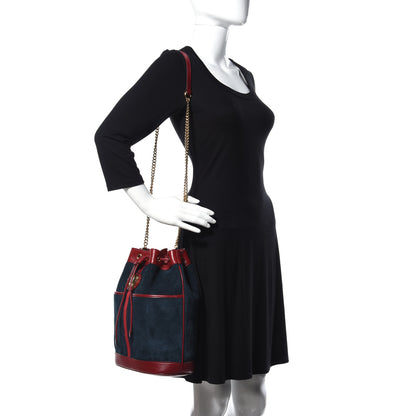 Gucci Suede Calfskin Web Medium Rajah Bucket Bag New Blue Romantic Cherry 2 of 13