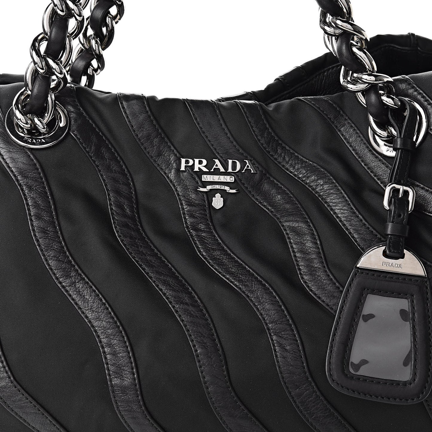 Tessuto Nylon Calfskin Chain Shoulder Bag Black