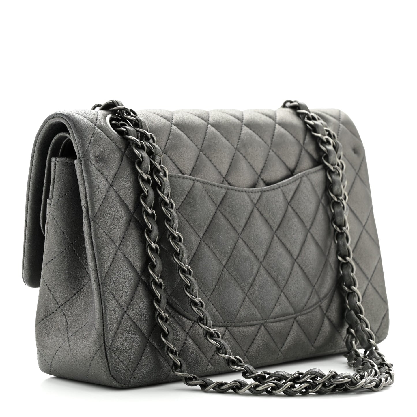 Metallic Lambskin Quilted Medium Double Flap Pewter