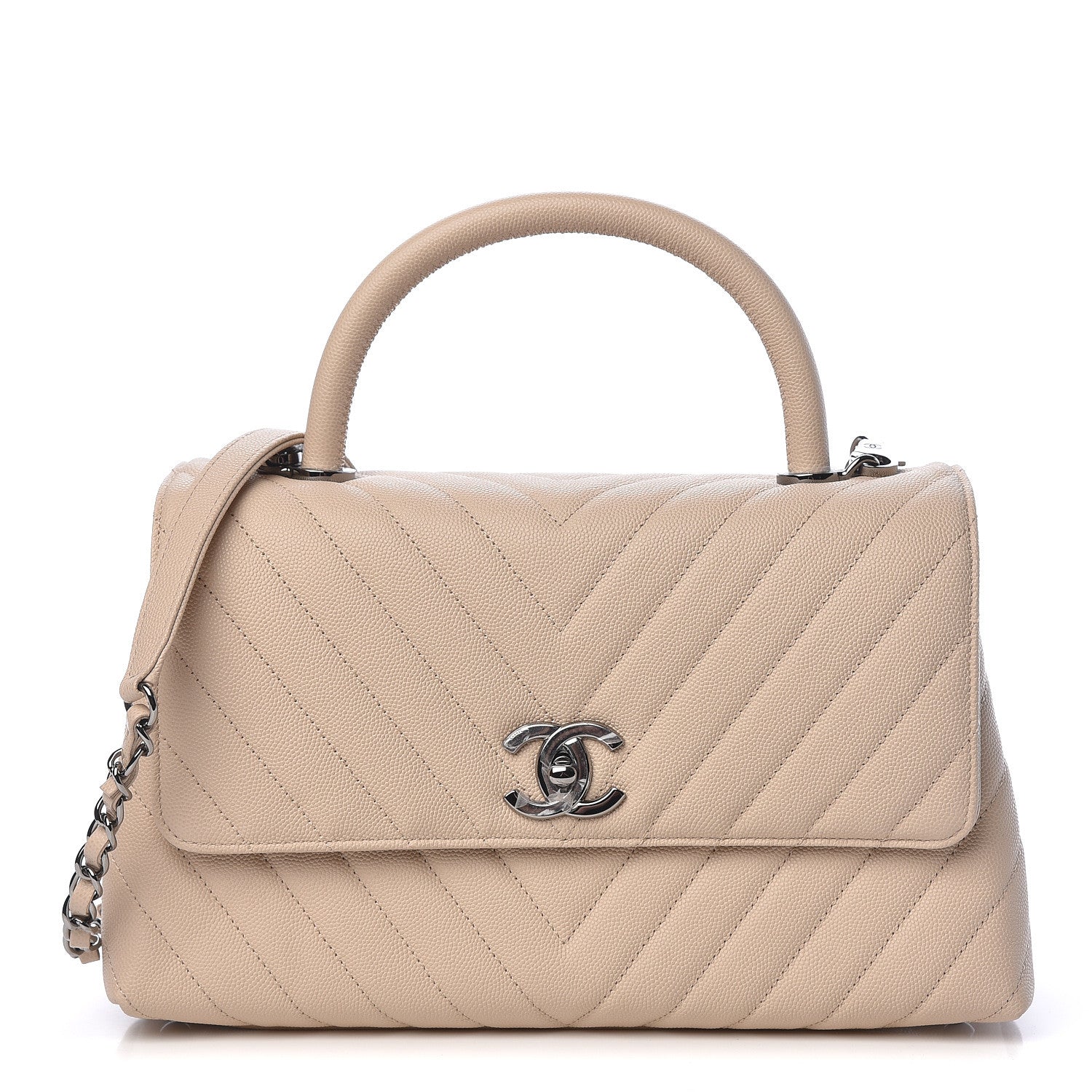Chanel Caviar Chevron Quilted Small Coco Handle Flap Beige 1 of 11
