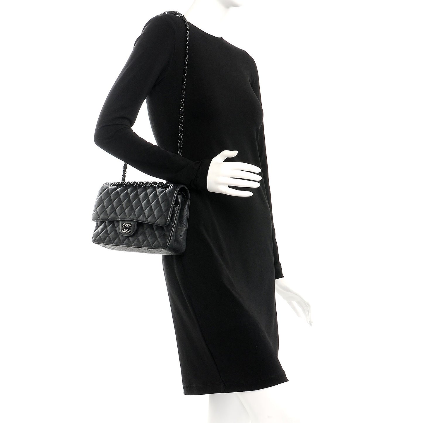 Crumpled Calfskin Quilted Medium Double Flap So Black
