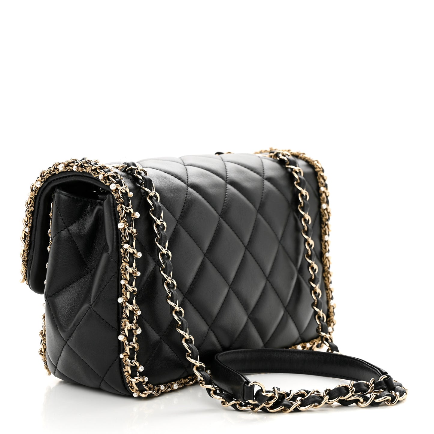 Lambskin Quilted Pearl Edge Rectangular Flap Bag Black