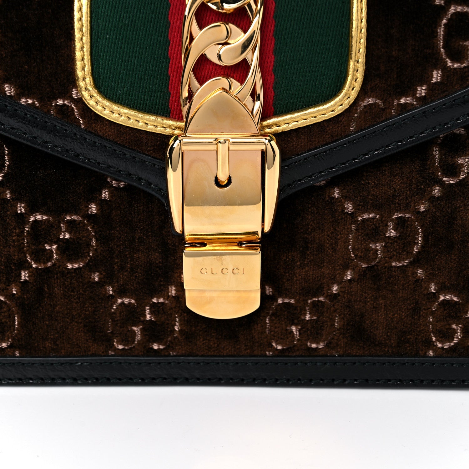 Gucci Velvet GG Monogram Web Mini Sylvie Top Handle Bag Brown Black Oro Vecchio 15 of 15