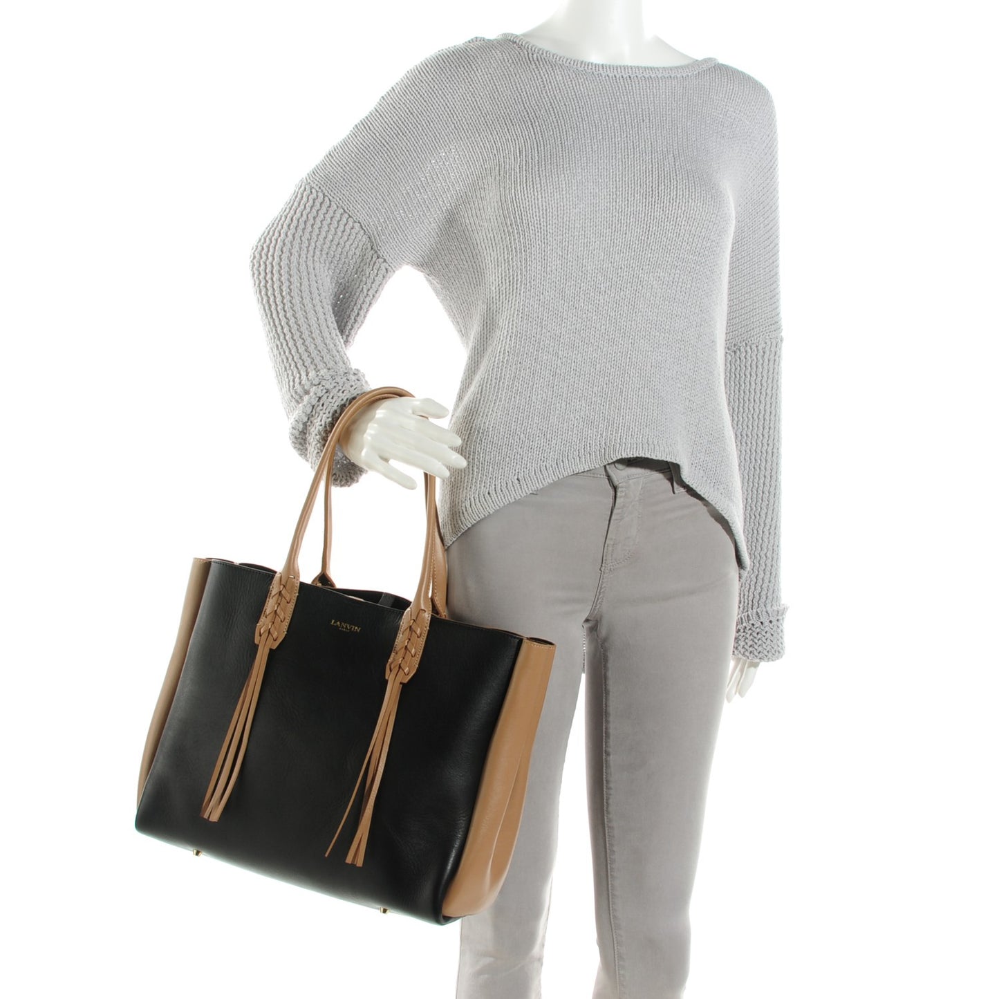 Smooth Calfskin Small Fringe Bi-Color Shopper Tote Black