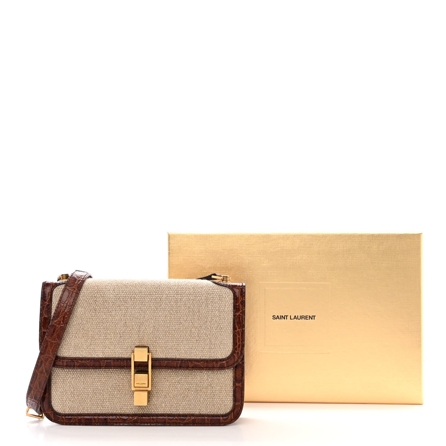 Saint Laurent Linen Canvas Crocodile Embossed Carre Satchel Natural Brown 11 of 11