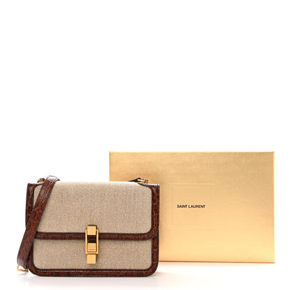 Saint Laurent Linen Canvas Crocodile Embossed Carre Satchel Natural Brown 11 of 11