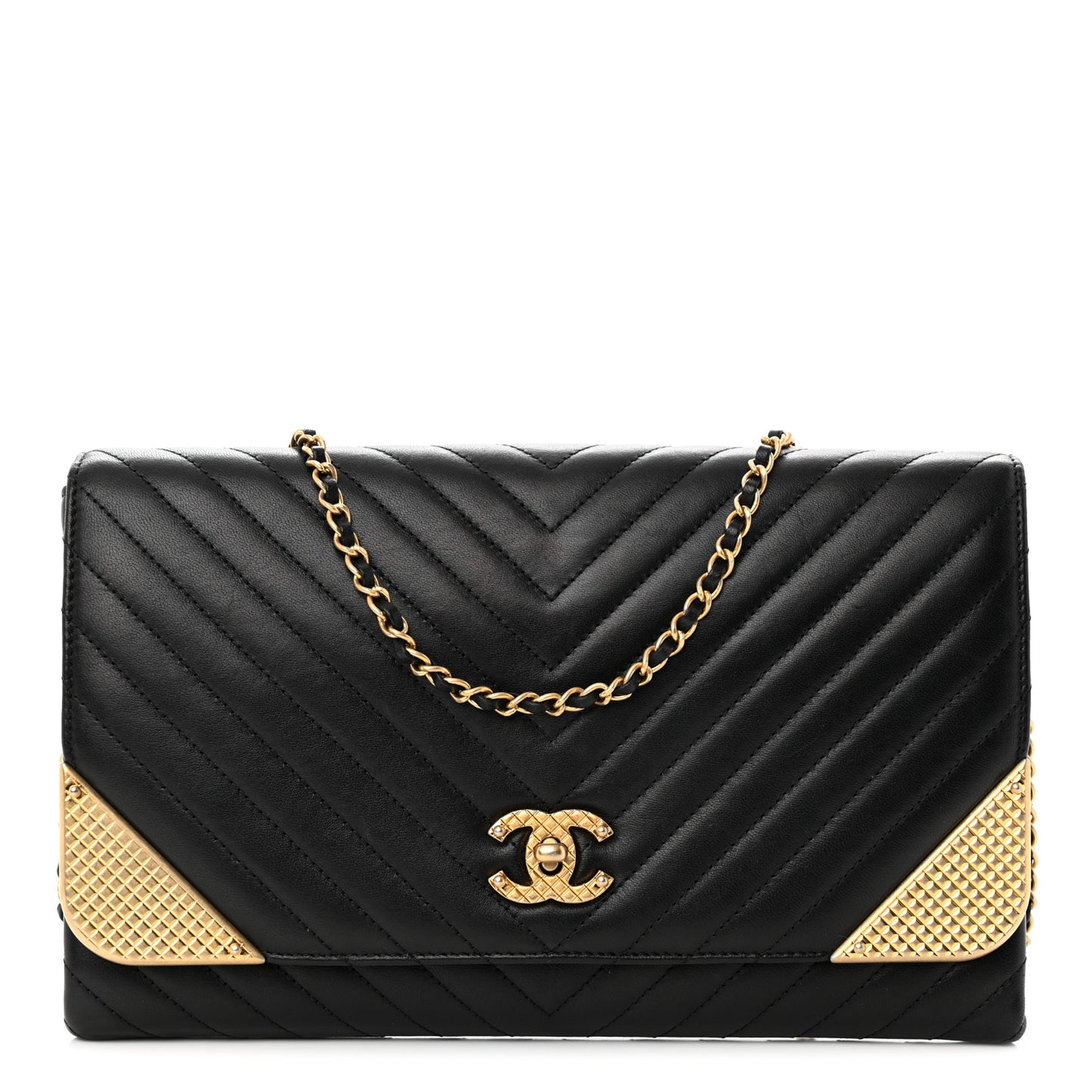 Calfskin Chevron Quilted Rock The Corner Clutch With Chain Black