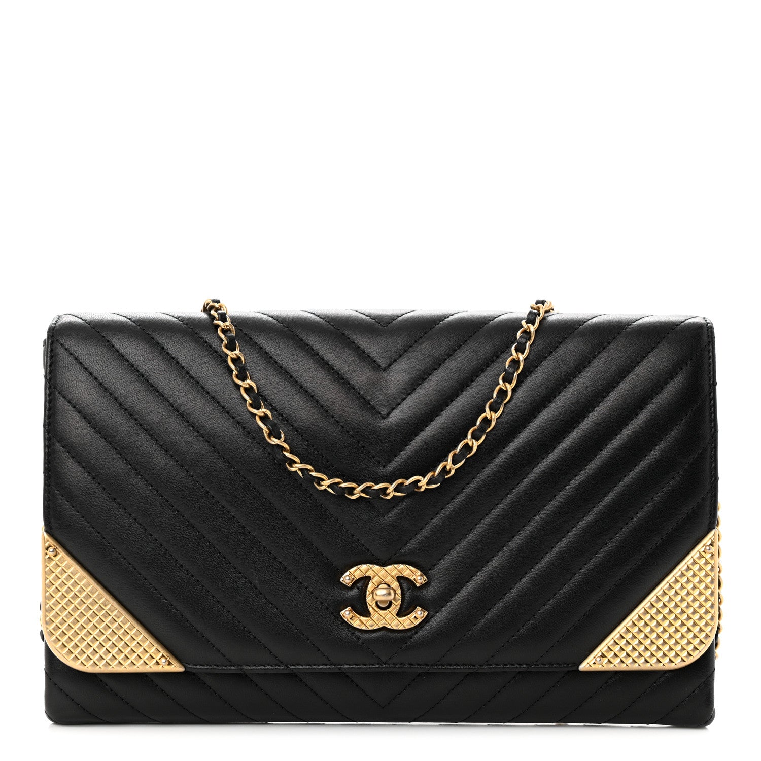 Chanel Calfskin Chevron Quilted Rock The Corner Clutch With Chain Black 1 of 13