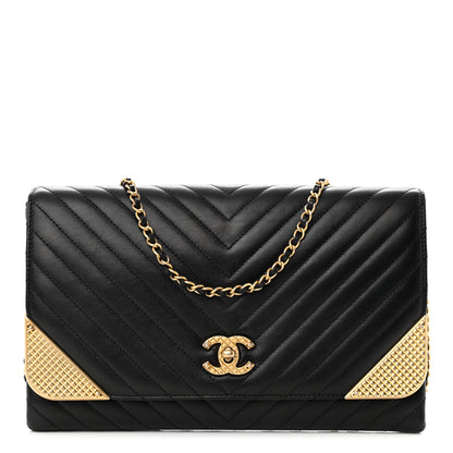 Chanel Calfskin Chevron Quilted Rock The Corner Clutch With Chain Black 1 of 13