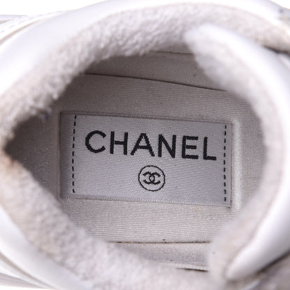 Chanel Suede Calfskin Fabric CC Sneakers 37.5 White Grey 9 of 11