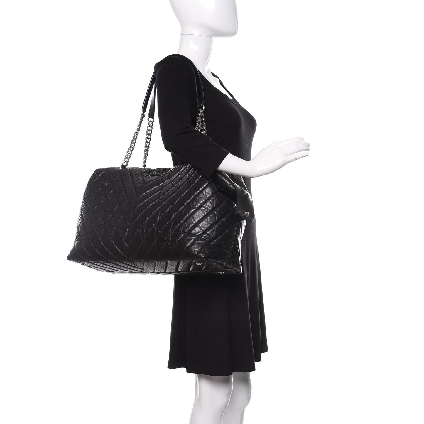 Aged Calfskin Chevron Quilted Duffle Bag Black