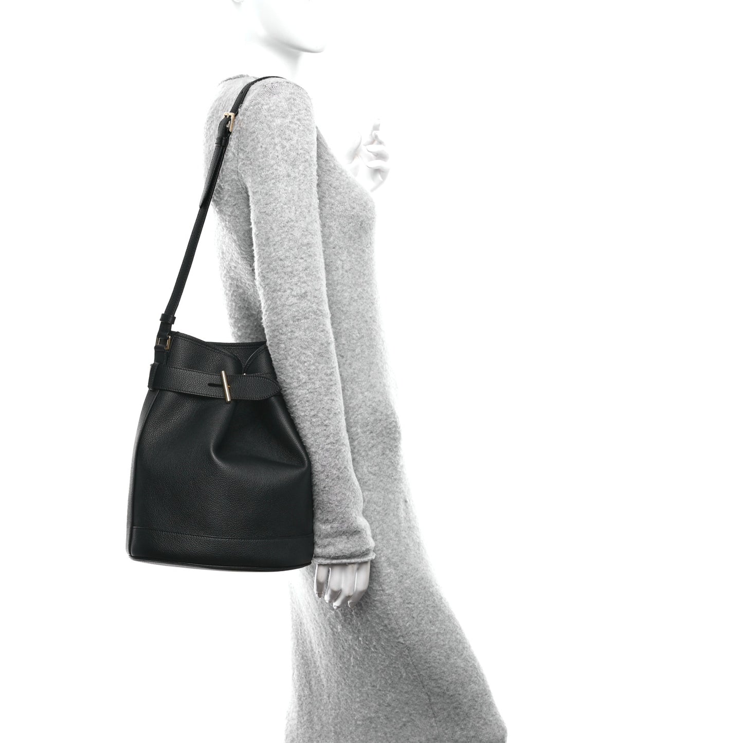Grain Calfskin Medium Tara Bucket Bag Black