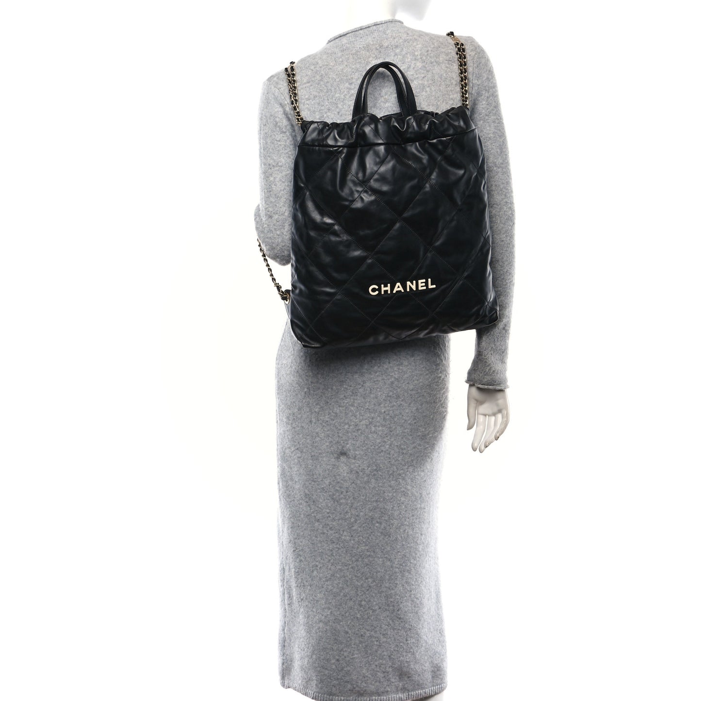 Shiny Calfskin Quilted Chanel 22 Backpack Black