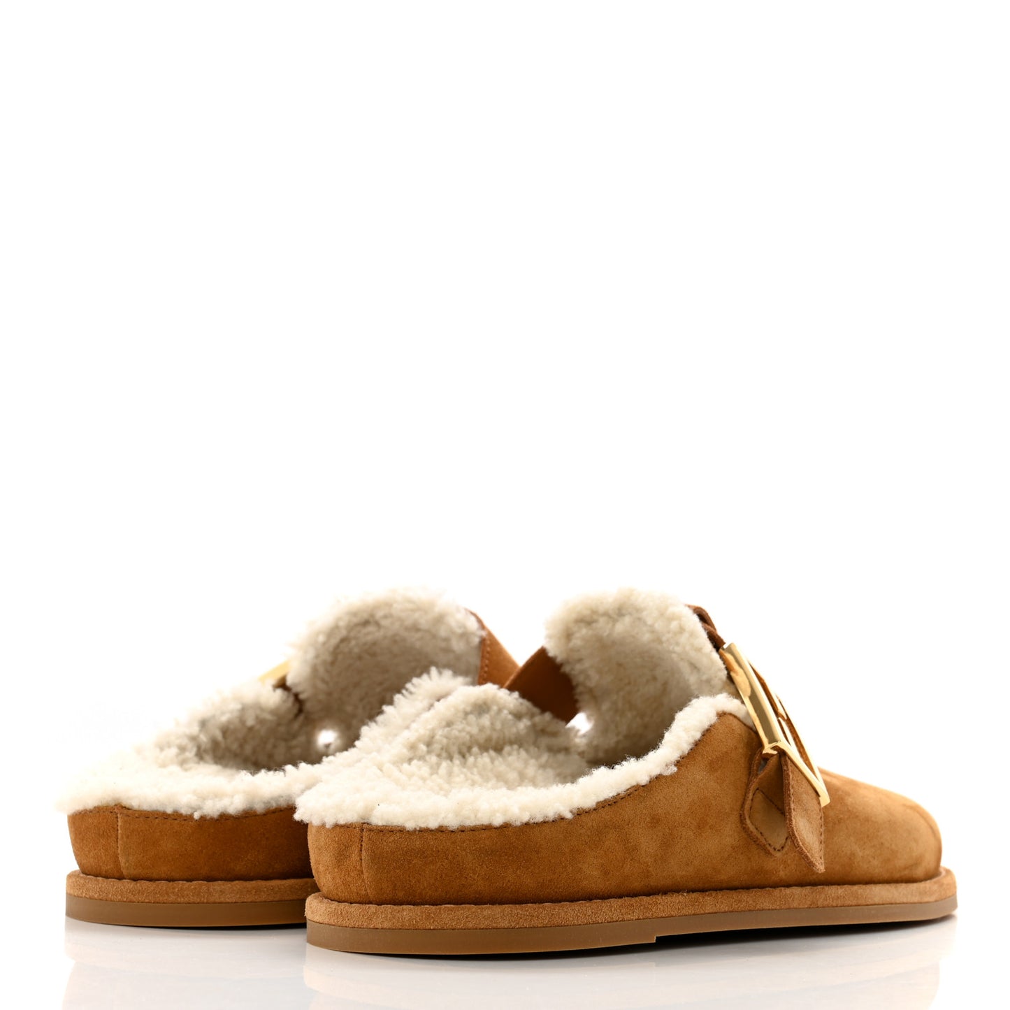 Suede Shearling Fendi Feel Buckled Clogs 36 Caramel Latte