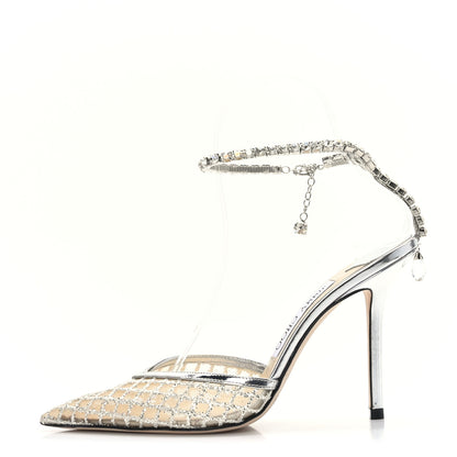 Jimmy Choo Glitter Checker Board Mesh Crystal Saeda 100 Pumps 36 Champagne Silver 2 of 7