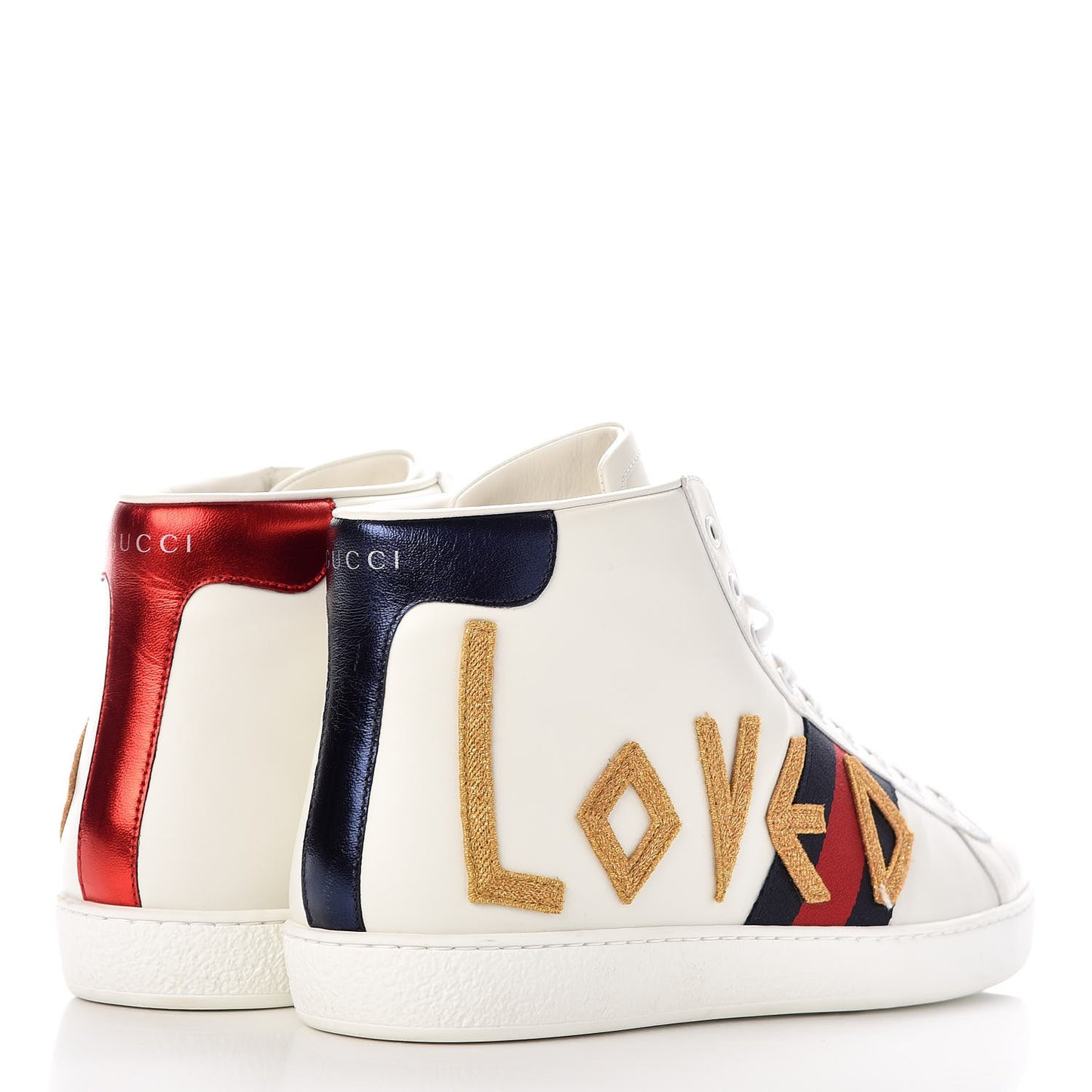 Calfskin Nappa Web LOVED Embroidered Mens Ace High Top Sneakers 10 White Red Flame Notte