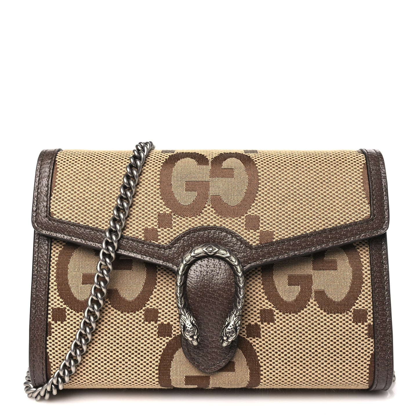 Monogram Jumbo GG Textured Dollar Calfskin Mini Dionysus Chain Wallet Camel Ebony New Acero