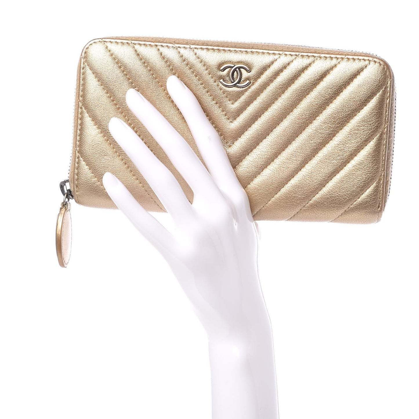 Metallic Calfskin Chevron Quilted Small Zip Around Wallet Gold
